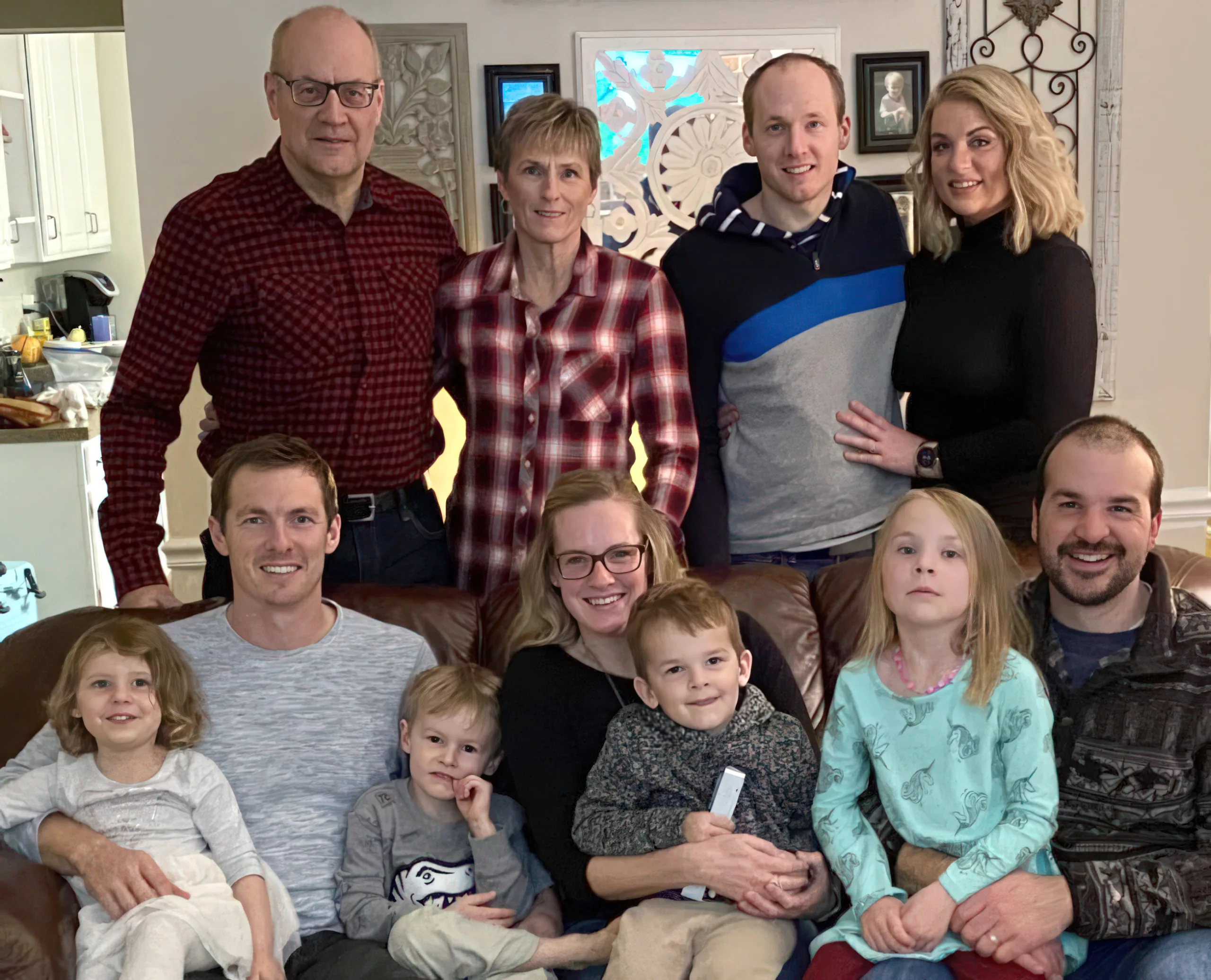 Photo of Maria Steinbach and family. Front row, from left, Kaia, Ryan, Sawyer, Chrissy, Patrick, Elinore and Will. Back row, Tyler, Maria, Clay and Liz. 
